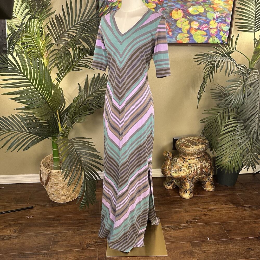 Tommy Bahama Maxi Dress Women S Retro Chevron Cotton Spandex Mint Brown Pink